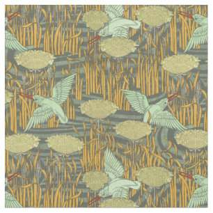 Vintage Art Nouveau Birds and Umbel Flower Pattern Fabric