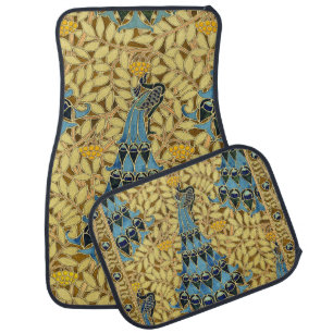 Vintage Art Nouveau Blue Peacock Floral Pattern Car Floor Mat