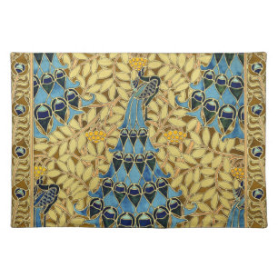 Vintage Art Nouveau Blue Peacock Floral Pattern Cloth Placemat