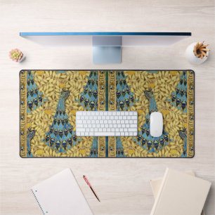 Vintage Art Nouveau Blue Peacock Floral Pattern Desk Mat