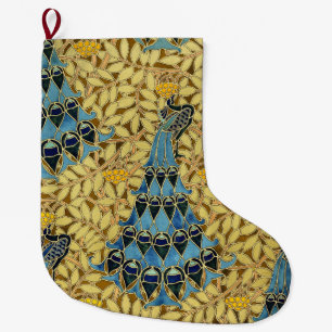 Vintage Art Nouveau Blue Peacock Floral Pattern Large Christmas Stocking