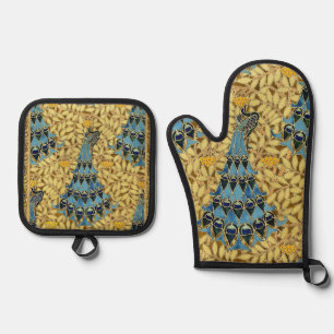 Vintage Art Nouveau Blue Peacock Floral Pattern Oven Mitt & Pot Holder Set
