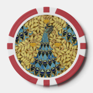 Vintage Art Nouveau Blue Peacock Floral Pattern Poker Chips