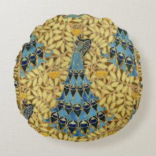 Vintage Art Nouveau Blue Peacock Floral Pattern Round Pillow
