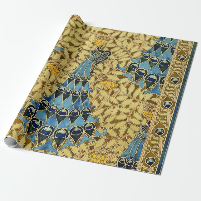 Vintage Art Nouveau Blue Peacock Floral Pattern Wrapping Paper (Unrolled)