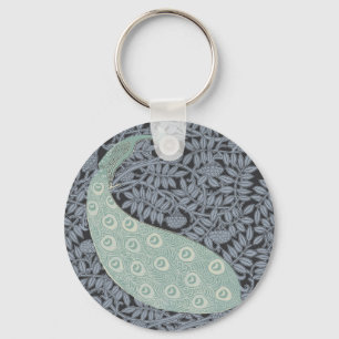 Vintage Art Nouveau Blue Peacock Print Verneuil Keychain