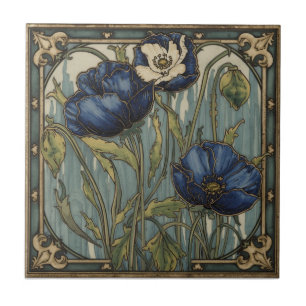 Vintage Art Nouveau  Blue Poppies  Floral  Ceramic Tile