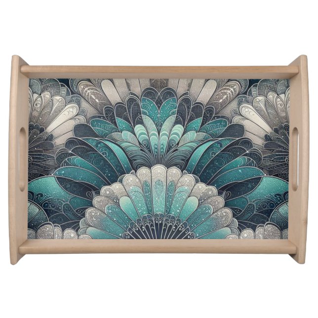 Vintage Art Nouveau Blue Silver Fans Serving Tray (Front)