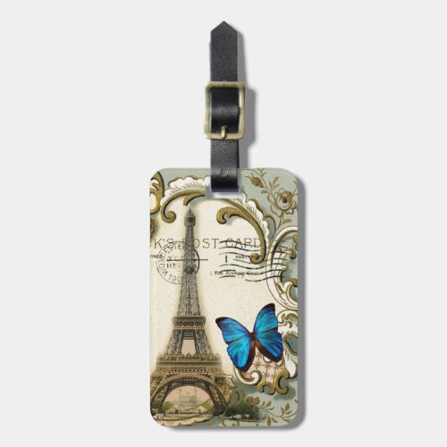 vintage art nouveau blue swirls paris eiffel tower luggage tag
