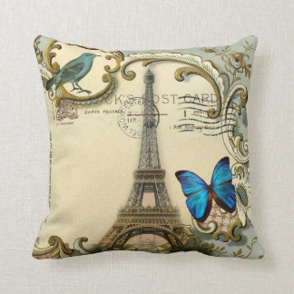 vintage art nouveau blue swirls paris eiffel tower throw pillow