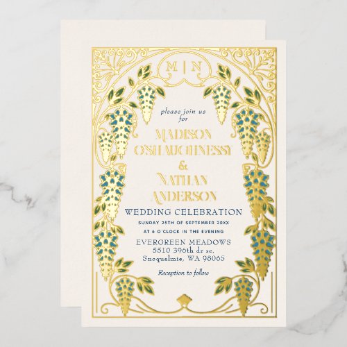 Vintage Art Nouveau Blue Wisteria Wedding Foil Invitation