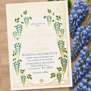 Vintage Art Nouveau Blue Wisteria Wedding Foil Invitation