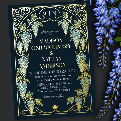 Vintage Art Nouveau Blue Wisteria Wedding Foil Invitation
