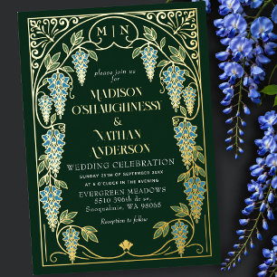 Vintage Art Nouveau Blue Wisteria Wedding Foil Invitation