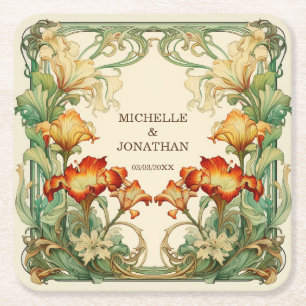 Vintage Art Nouveau Botanical Mucha Thank You Square Paper Coaster