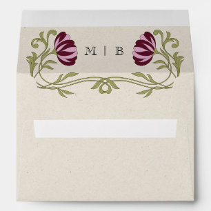 Vintage Art Nouveau Burgundy Pink Florals Wedding Envelope