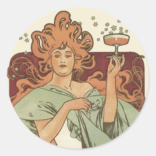 Vintage Art Nouveau by Mucha Champagne Party Classic Round Sticker