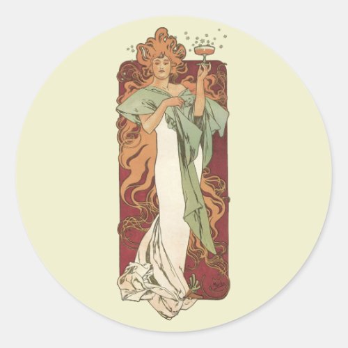 Vintage Art Nouveau by Mucha Champagne Party Classic Round Sticker