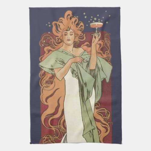 Vintage Art Nouveau by Mucha Champagne Party Kitchen Towel