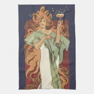 Vintage Art Nouveau, Champagne by Alphonse Mucha Kitchen Towel