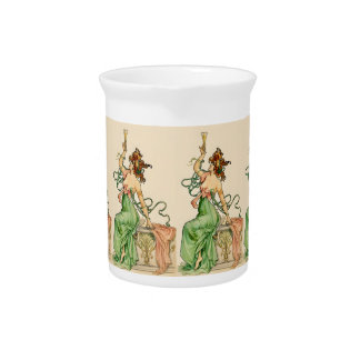 Vintage Art Nouveau Champagne Lady Illustration Beverage Pitcher