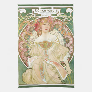 Vintage Art Nouveau, Champenois by Alphonse Mucha Kitchen Towel