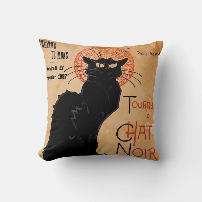 Vintage Art Nouveau Chat Noir Throw Pillow (Front)