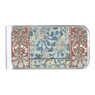 Vintage Art Nouveau Chestnut Floral Pattern Silver Finish Money Clip