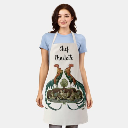 Vintage Art Nouveau Chickens and Roosters Apron