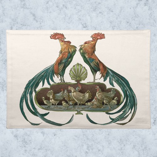 Vintage Art Nouveau Chickens and Roosters Cloth Placemat