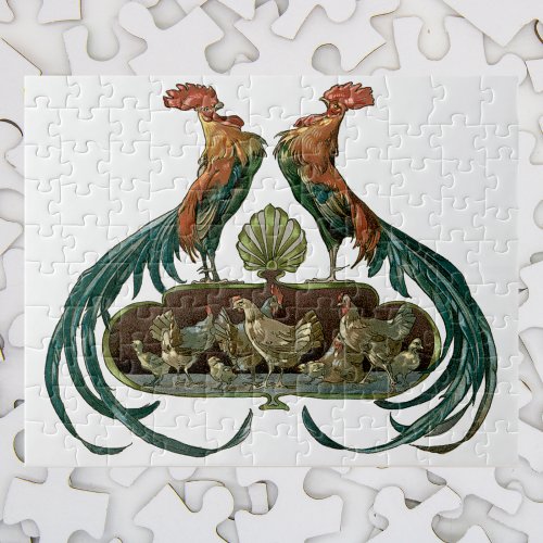 Vintage Art Nouveau Chickens and Roosters Jigsaw Puzzle