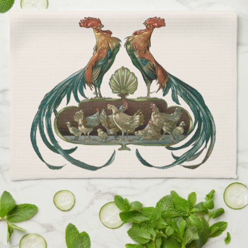 Vintage Art Nouveau Chickens and Roosters Kitchen Towel