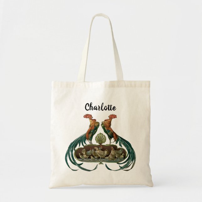 Vintage Art Nouveau Chickens and Roosters Tote Bag (Front)