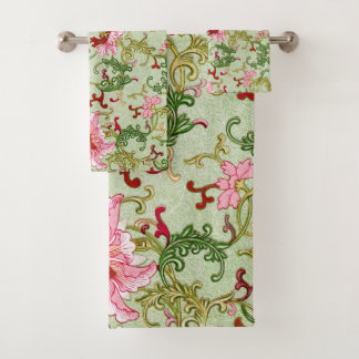 Vintage Art Nouveau Chinese Floral Chinoiserie Bath Towel Set