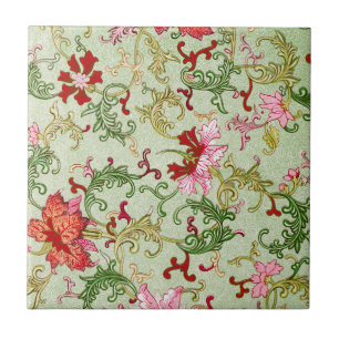 Vintage Art Nouveau Chinese Floral Chinoiserie Ceramic Tile