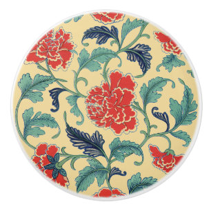 Vintage Art Nouveau Chinese Red Floral Chinoiserie Ceramic Knob