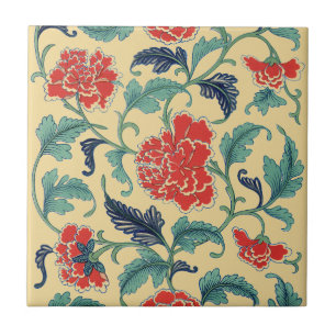 Vintage Art Nouveau Chinese Red Floral Chinoiserie Ceramic Tile