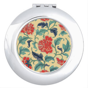 Vintage Art Nouveau Chinese Red Floral Chinoiserie Compact Mirror