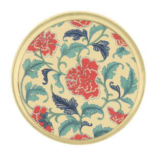 Vintage Art Nouveau Chinese Red Floral Chinoiserie Gold Finish Lapel Pin