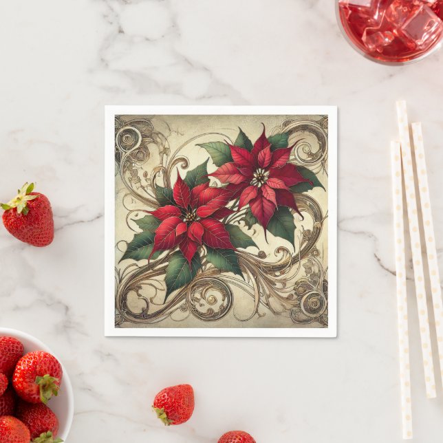 Vintage Art Nouveau Christmas Poinsettia Decoupage Napkins (Insitu)