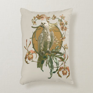 Vintage Art Nouveau, Cockatoo Bird, Orchid Flowers Accent Pillow