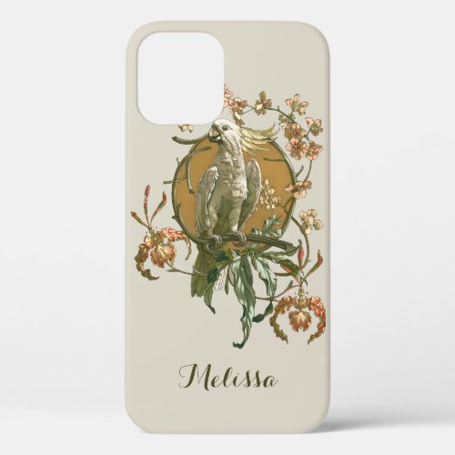 Vintage Art Nouveau Cockatoo Bird Orchid Flowers iPhone 12 Case