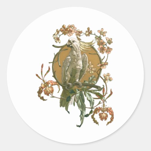 Vintage Art Nouveau Cockatoo Bird Orchid Flowers Classic Round Sticker