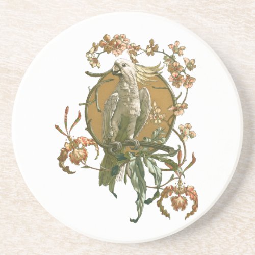 Vintage Art Nouveau Cockatoo Bird Orchid Flowers Coaster