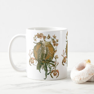 Vintage Art Nouveau, Cockatoo Bird, Orchid Flowers Coffee Mug