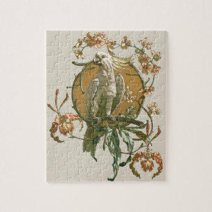 Vintage Art Nouveau, Cockatoo Bird, Orchid Flowers Jigsaw Puzzle