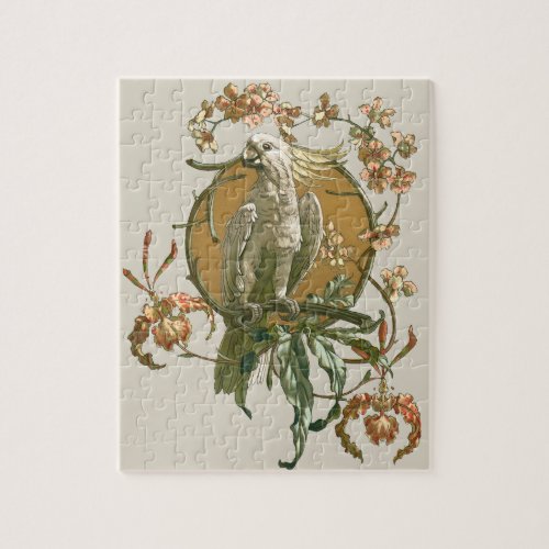 Vintage Art Nouveau Cockatoo Bird Orchid Flowers Jigsaw Puzzle