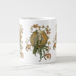 Vintage Art Nouveau, Cockatoo Bird, Orchid Flowers Large Coffee Mug
