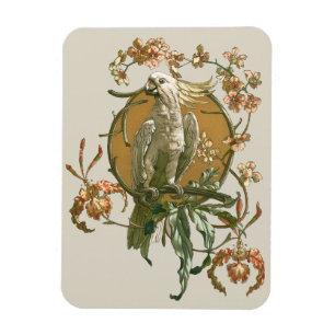 Vintage Art Nouveau, Cockatoo Bird, Orchid Flowers Magnet