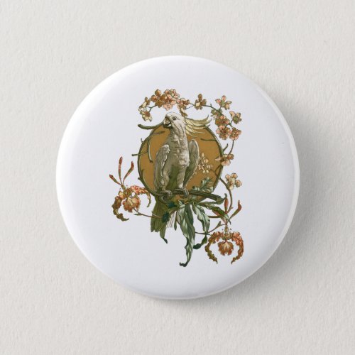 Vintage Art Nouveau Cockatoo Bird Orchid Flowers Pinback Button